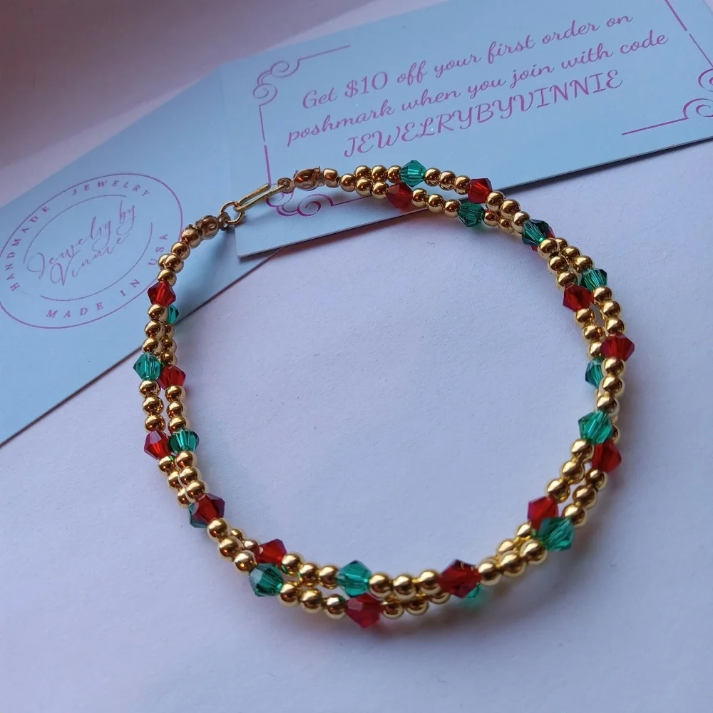 Hand Crafted Gold and Red Beaded Bracelet - Picture 1 of 7